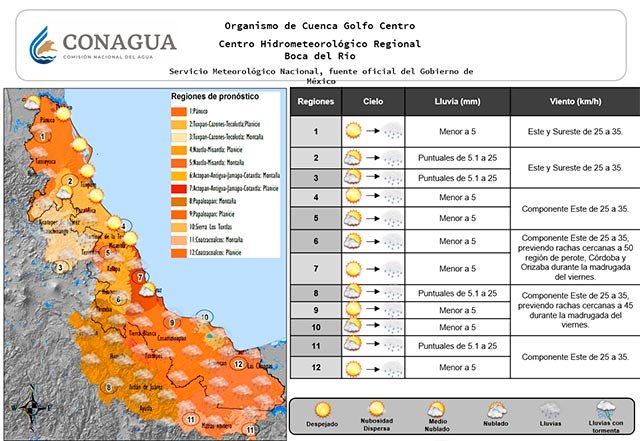 Se espera 'surada' este jueves en Perote, Orizaba y cuenca baja del río Coatza